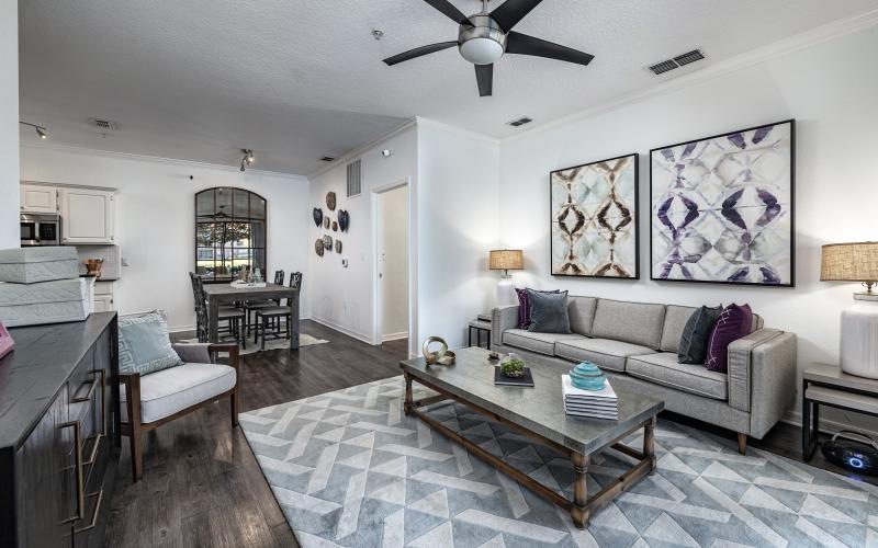 a living room with a couch and a table